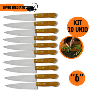 Kit 10 Facas de Cozinha de 6" em Inox Cabo Madeira Carne Cozinha Açougueiro em Oferta na Shopee