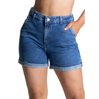 Shorts Jeans Feminino com Barra Dobrada Cintura Alta Com lycra