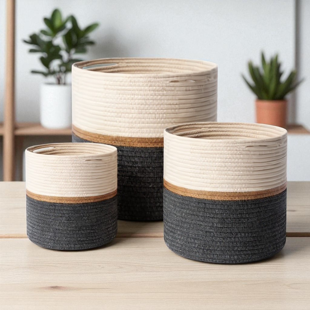 Kit 3 Cestos Organizadores Corda Algodão Luxo  – Cesto Decorativo Multiuso com Alça