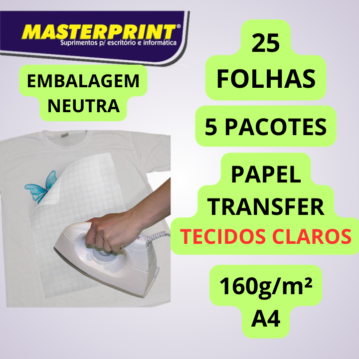 Papel Transfer Tecidos Claros 160g A4 Masterprint Impressora Jato de Tinta