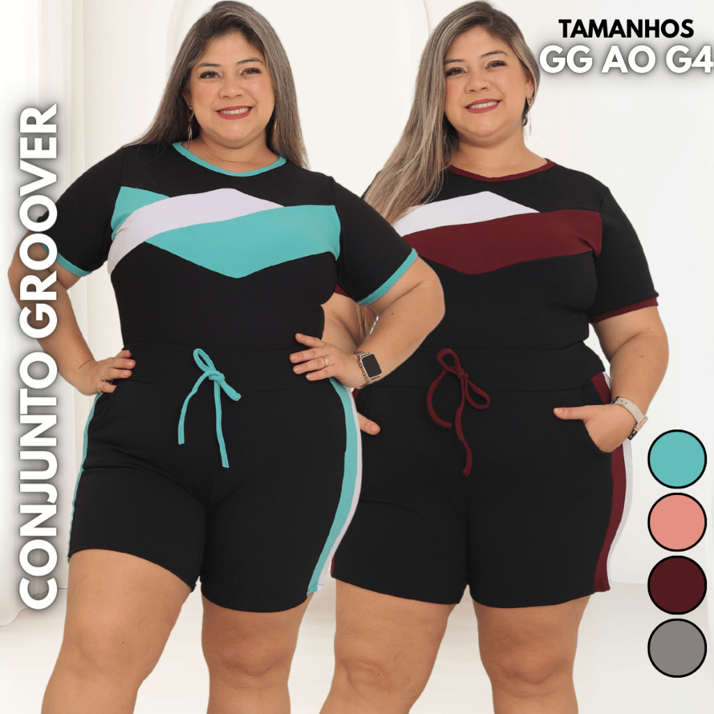Conjunto Feminino Plus Size  Malha Crepe do GG ao G4 Shorts Blusa Calor Verão Cintura Alta Estiloso em Oferta na Shopee