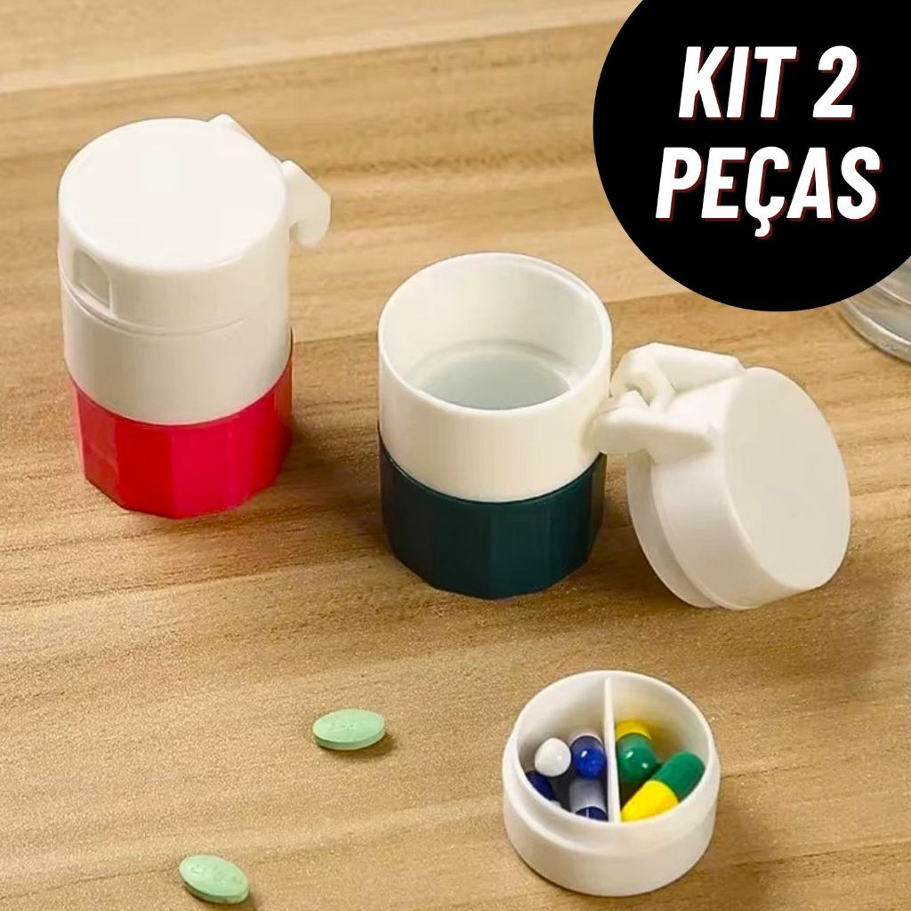 Kit Porta Comprimido Multiuso Com Cortador E Amassador Armazenamento Duplo