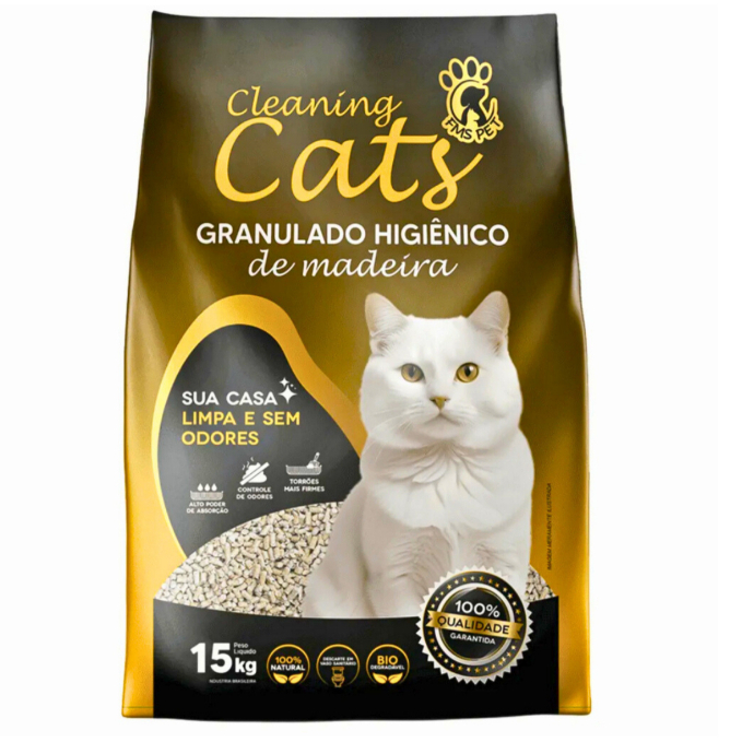 Areia Granulado de Madeira Higiênico Gatos Pellets 15 Kg - Premium.