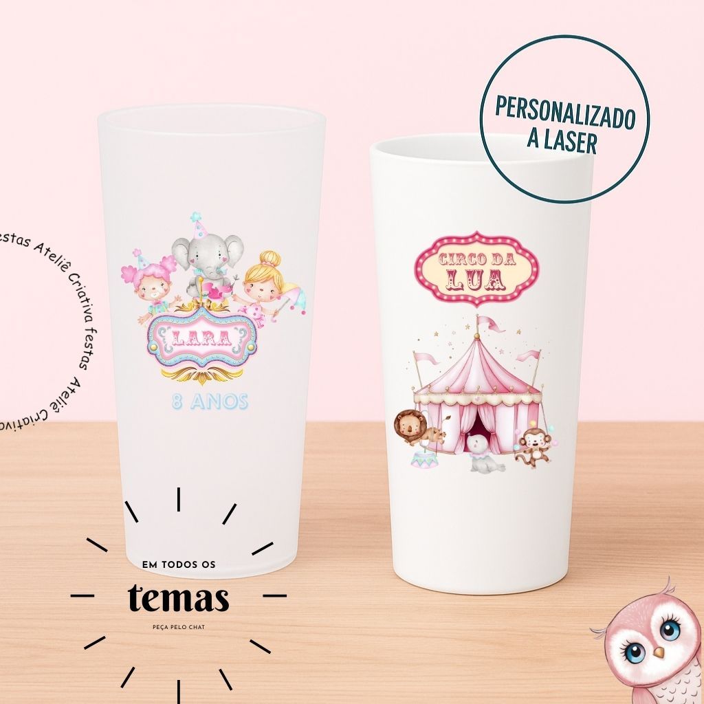 Kit de Copos Long Drink Personalizado Circo Rosa Menina Aquarelado Lembrancinha Festa Infantil Chá de Bebê Aniversário