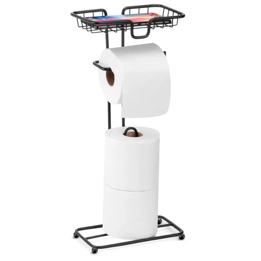 Porta Papel Higiênico de Chão Com Suporte Para Celular Dispenser Cheiro Lenço Umedecido Preto Arthi em Oferta na Shopee