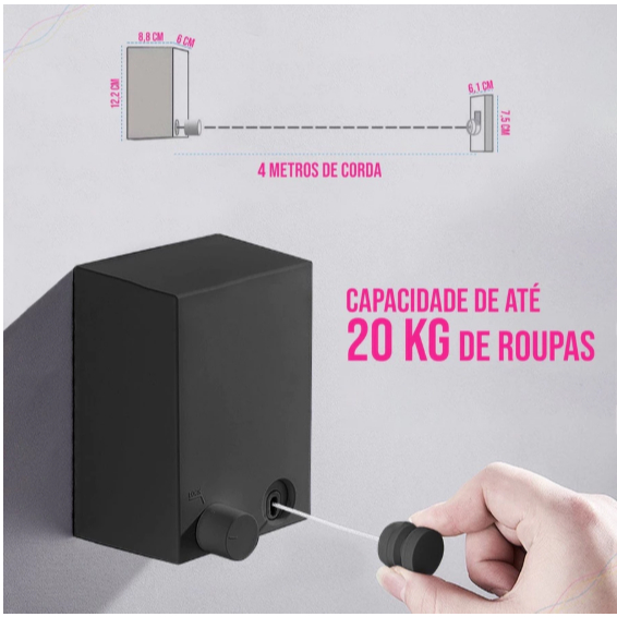 Varal De Parede Retrátil Fio Aço Inoxidável Suporta Até 20kg  COR PRETO