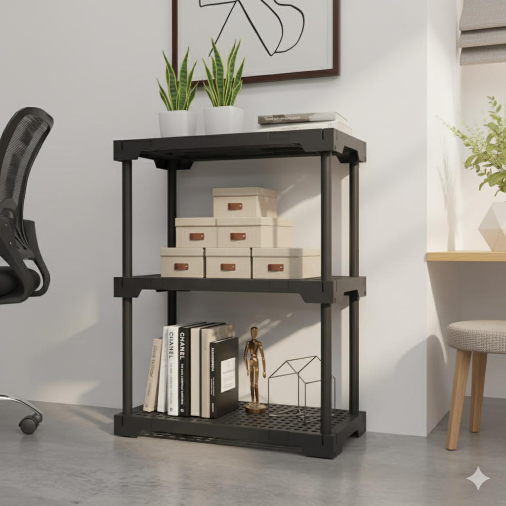 Estante Utilidades Organizador Plástico 3 Prateleiras Sala Cozinha Livreiro Modular Preta