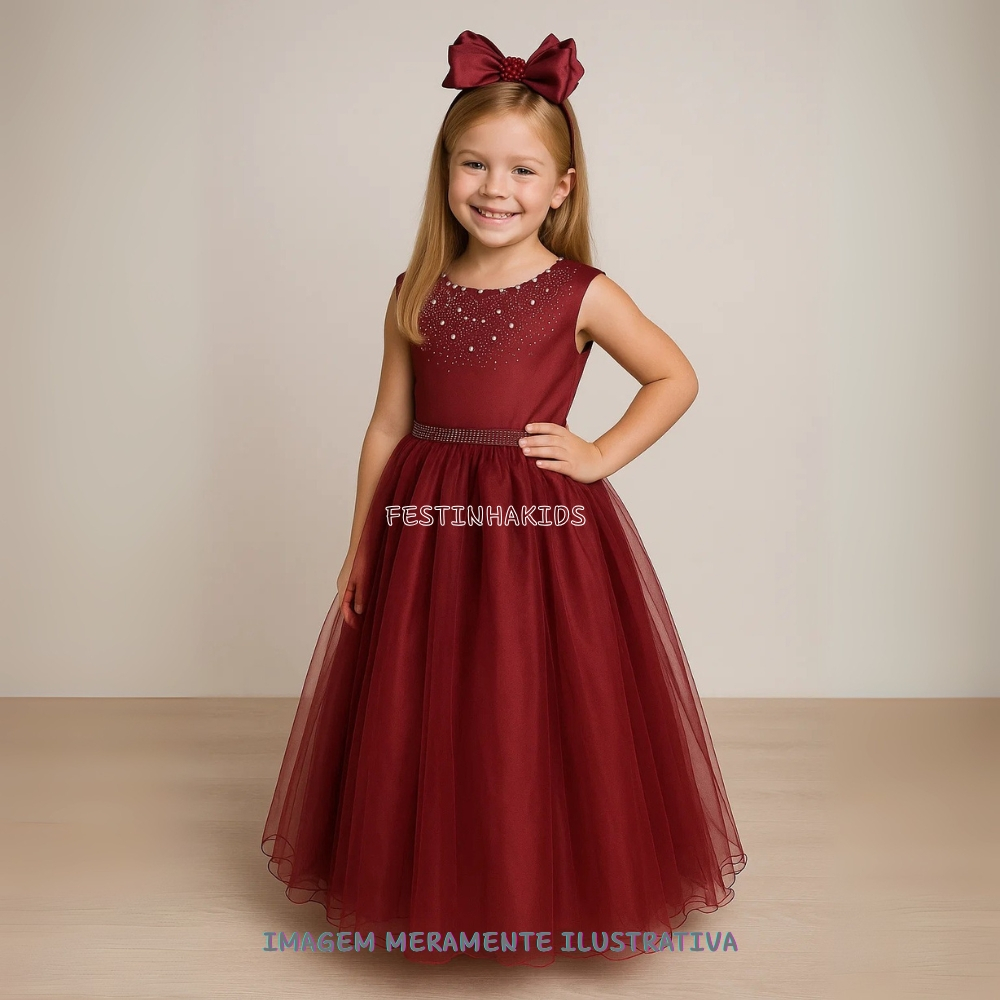 Vestido Infantil Enjoy Regata Longo Marsala Festa Daminha Formatura