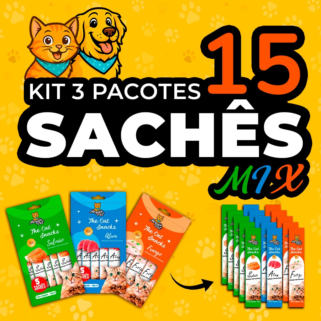 Kit15 Petisco Snack Cremoso MeguisPet p/Gatos Sabor 1Frango +1Atum +1Salmao= 3 Pacotes Total 225g
