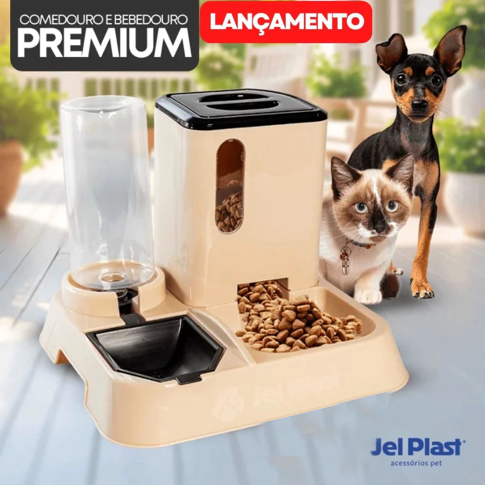 Kit Comedouro e Bebedouro Dupla Função Dispenser de ração e Porta Petiscos 1 Litro de Água Cães e Gatos