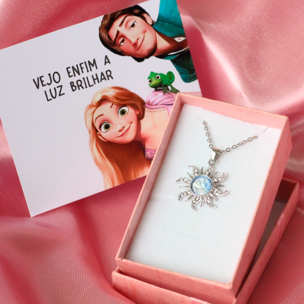 Colar Rapunzel Enrolados Aço Inox Prateado Colar de Sol Prateado + Caixinha Rosa Prateado em Oferta na Shopee