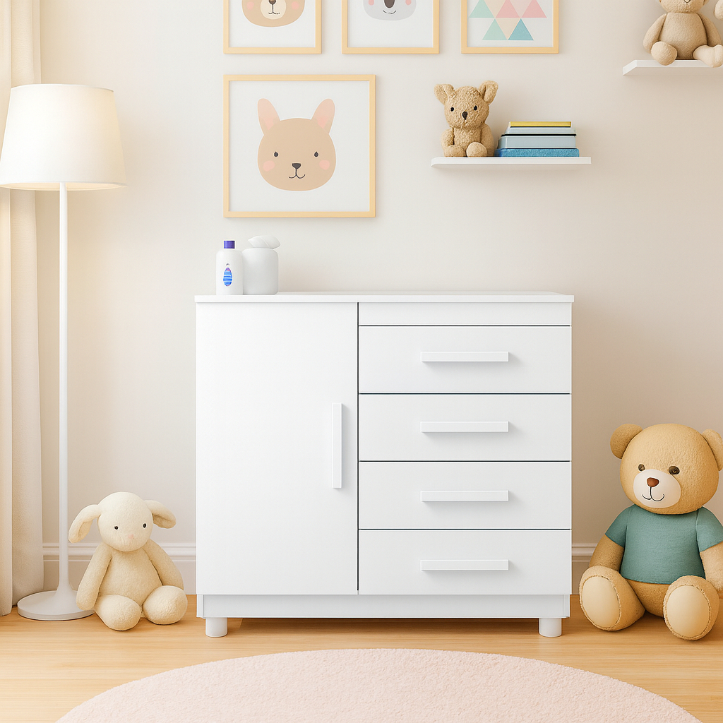 Cômoda Infantil Bebê 4 Gavetas 1 Porta Flex Branco Rosa Quarto Organizador Roupas Fraldas pés em Oferta na Shopee