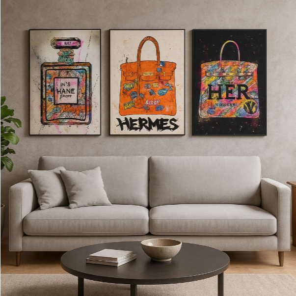 Quadro Decorativo Arte Pop Fashion Perfume Bolsa Kit 3 Peças MDF Parede Sala Quarto Closet