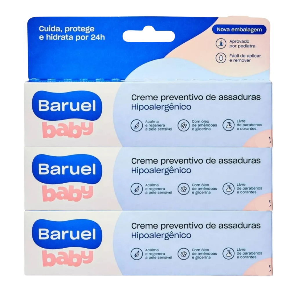 Kit c/3 Creme Preventivo de Assaduras Baruel Baby com Barreira Protetora 90g - Envio imediato