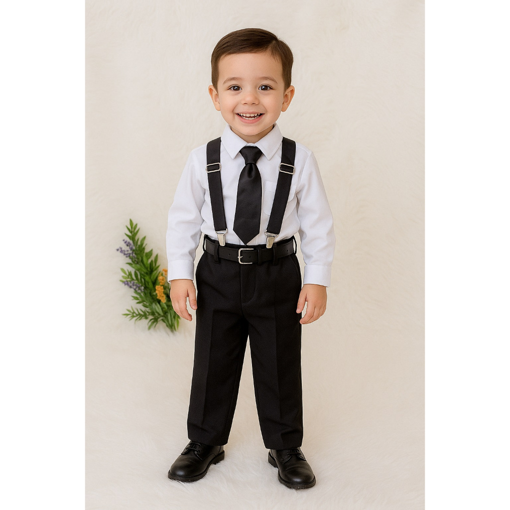 Conjunto Completo Infantil Social Menino Pajem Oxford KIt 5 Peças Calça Camisa Gravata Suspensório e Cinto