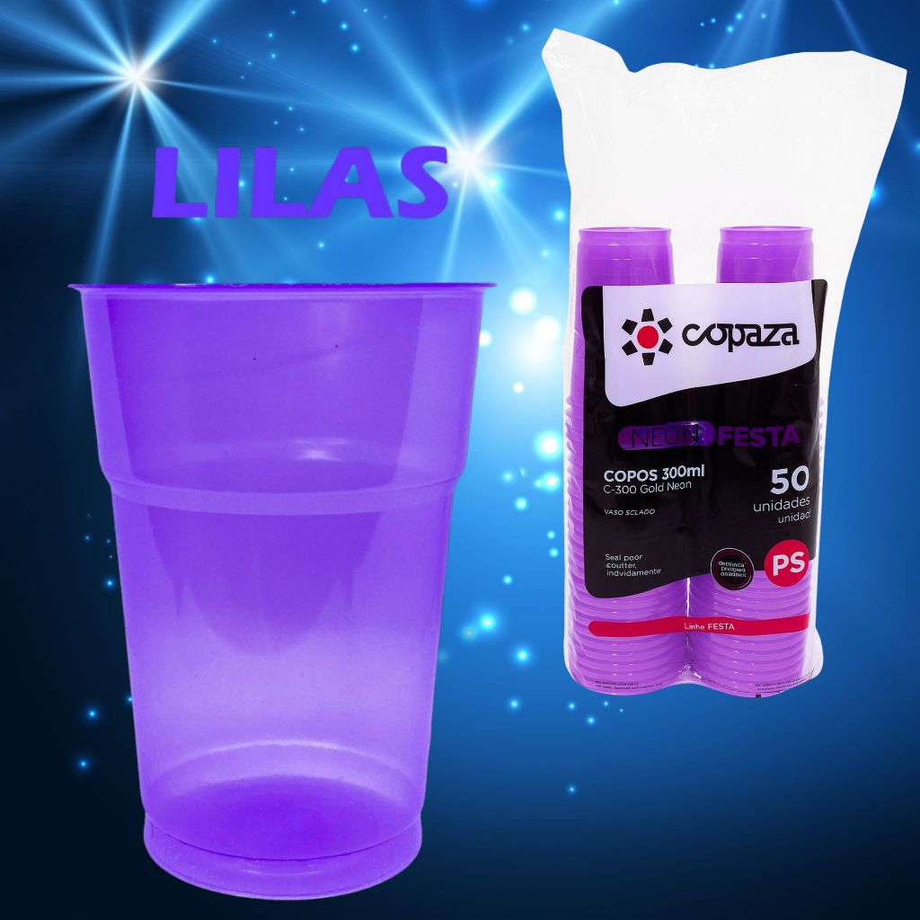 COPO NEON LILAS, 300ML COPAZA DESCARTAVEIS, IDEAL PARA FESTAS ANIVERSARIOS COMEMORACOES 50UNID