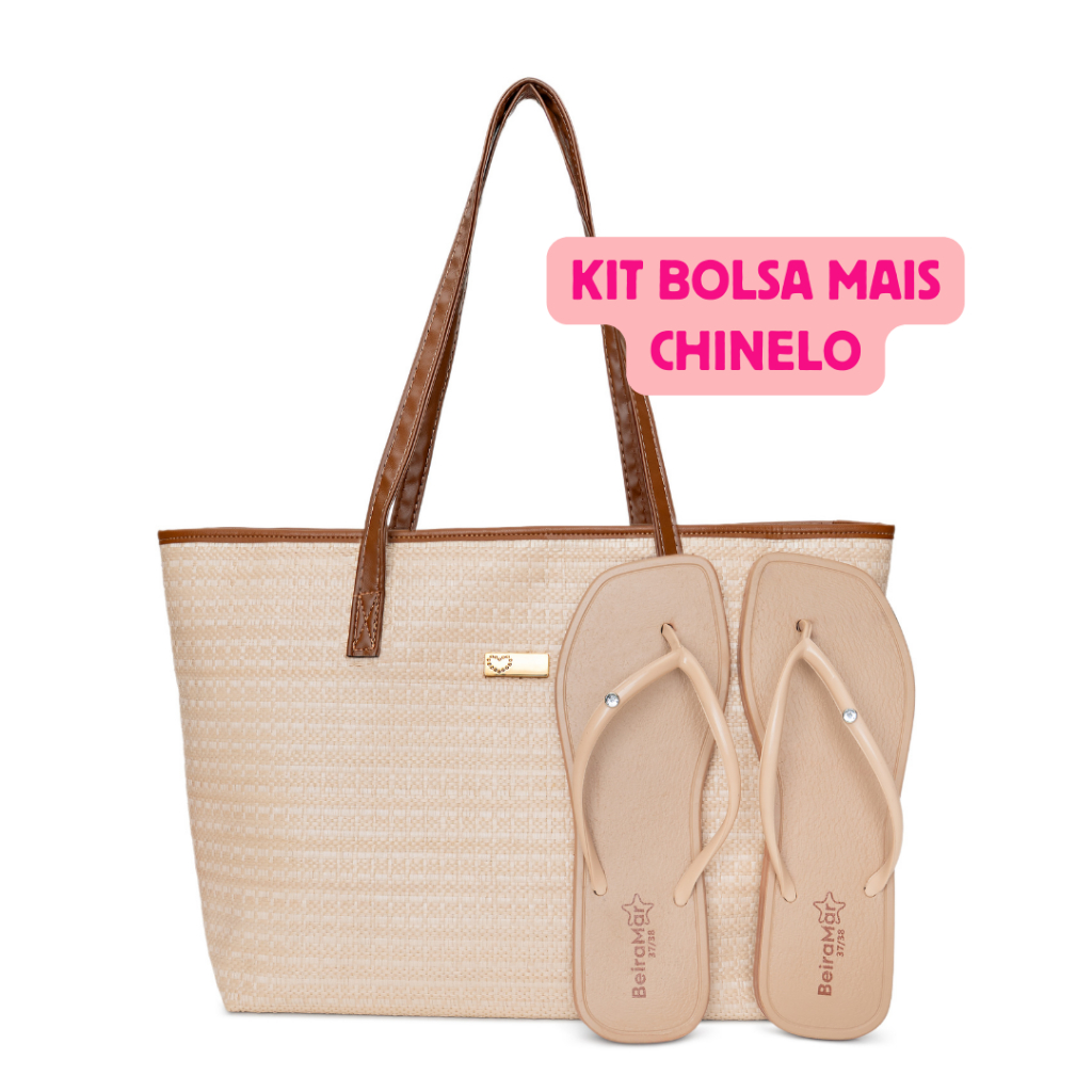 Kit Bolsa de Praia de Palha de Alta Qualidade e Chinelo Slim Quadrado em Oferta na Shopee