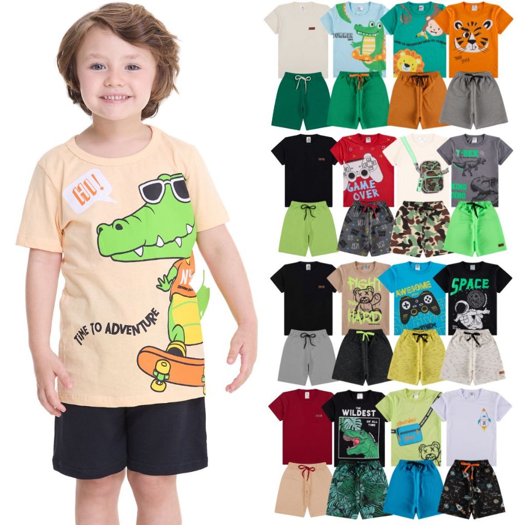 Kit Sortido 8 Peças de Roupa Infantil Menino - Tamanhos 1 ao 10 - 4 Camiseta + 4 Bermuda - Menino Verão Masculino Bebe