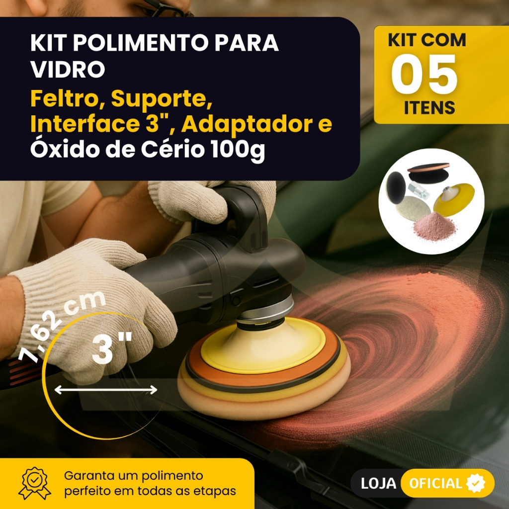 Kit Polidor Profissional Pó De Cério 100g Boina Feltro 3 Polegadas Polimento Vidros