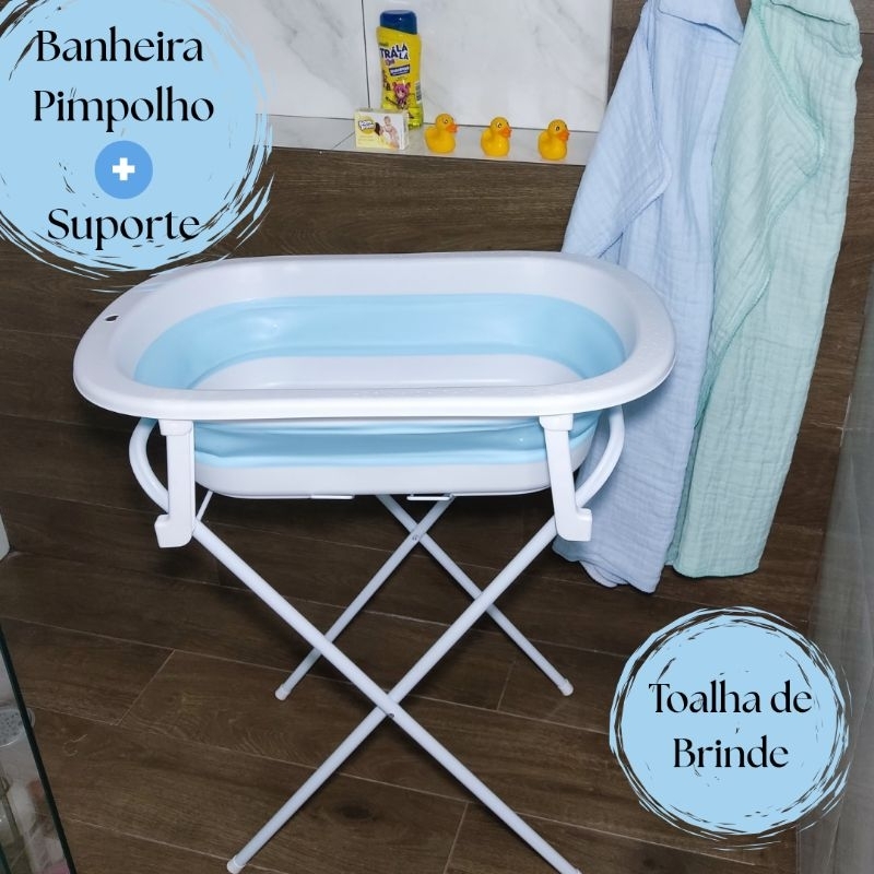 Banheira para Bebê Retrátil com Suporte Dobrável 33L Resistente Leve Compacto Menino AZUL+Brinde