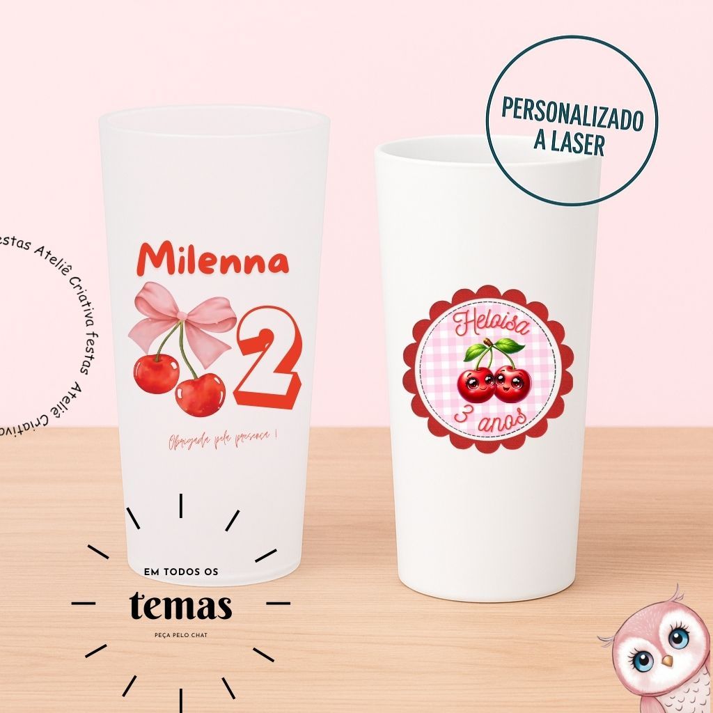 Kit de Copos Long Drink Personalizado Tema Cerejinhas Frutinhas | Lembrancinha Festa Infantil Chá de Bebê Aniversário