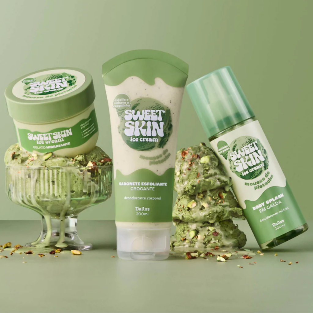 DAILUS SWEET SKIN - KIT TRIO MOUSSE DE PISTACHE–SABONETE ESFOLIANTE + CREME HIDRATANTE + BODY SPLASH