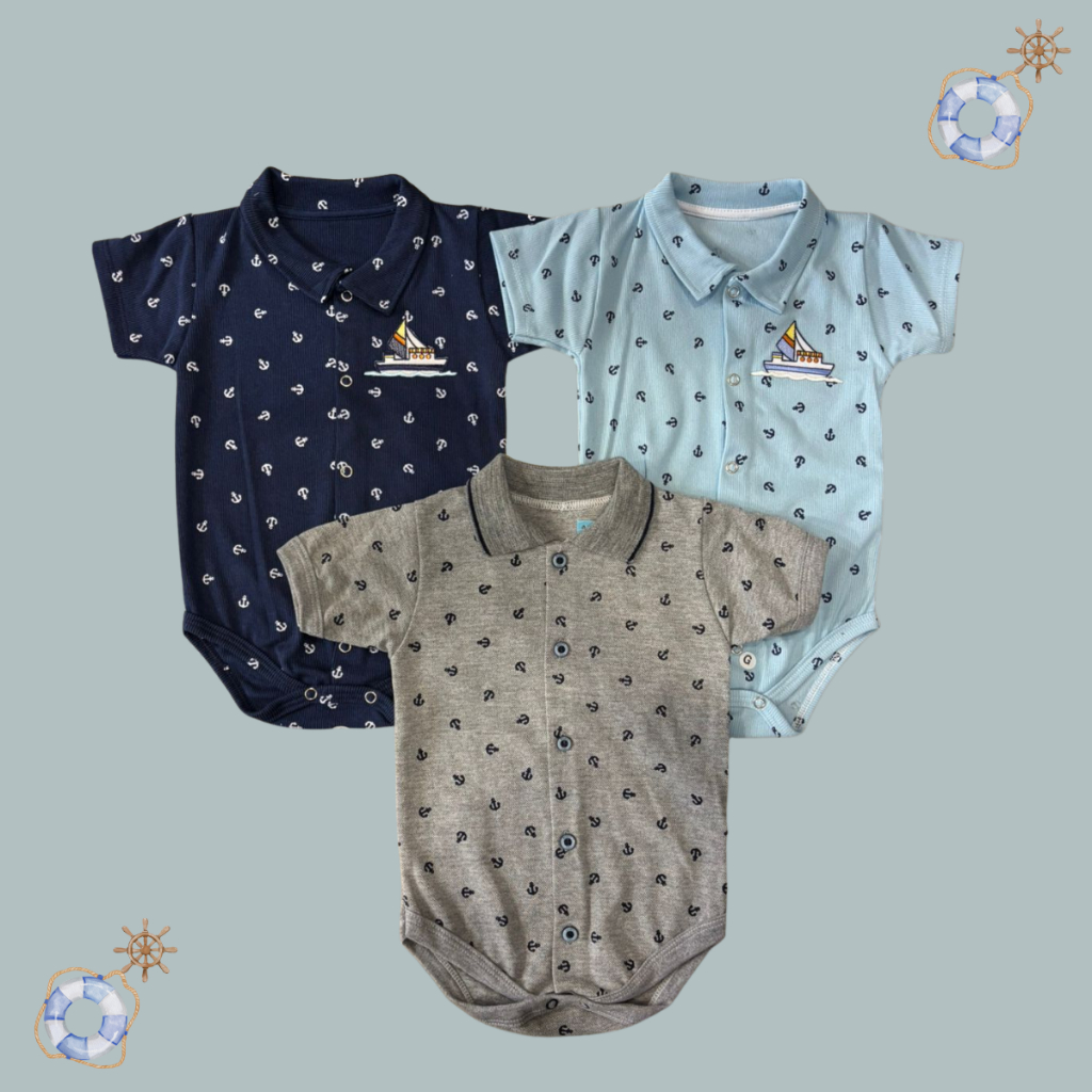 Body Camisa Polo Manga Curta Estampa Marinheiro Náutico Bordado Variado Bebê Menino