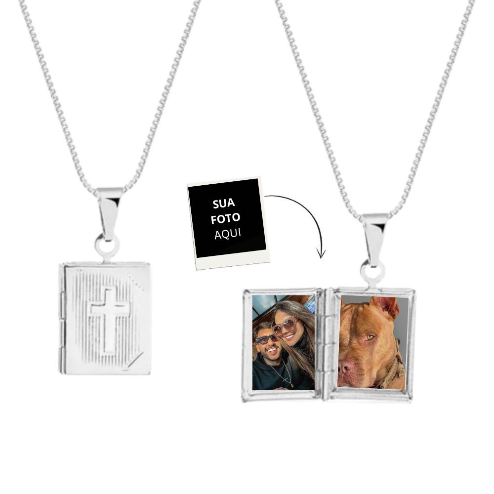 Corrente Relicário com Cruz - Personalizável com 2 Fotos - banho em Prata 925 com garantia- joia Minimalista