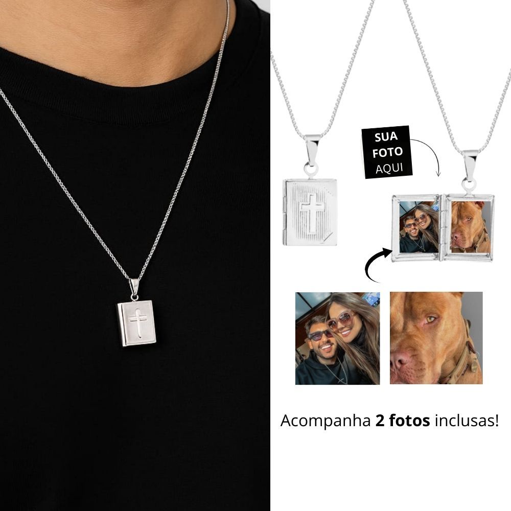 Corrente Masculina Relicário com Cruz - Personalizável com 2 Fotos - banho em Prata