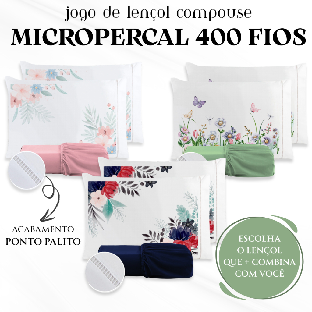 Kit Jogo de Lençol Compouse Micropercal 400 Fios com Fronha Ponto Palito Estampada
