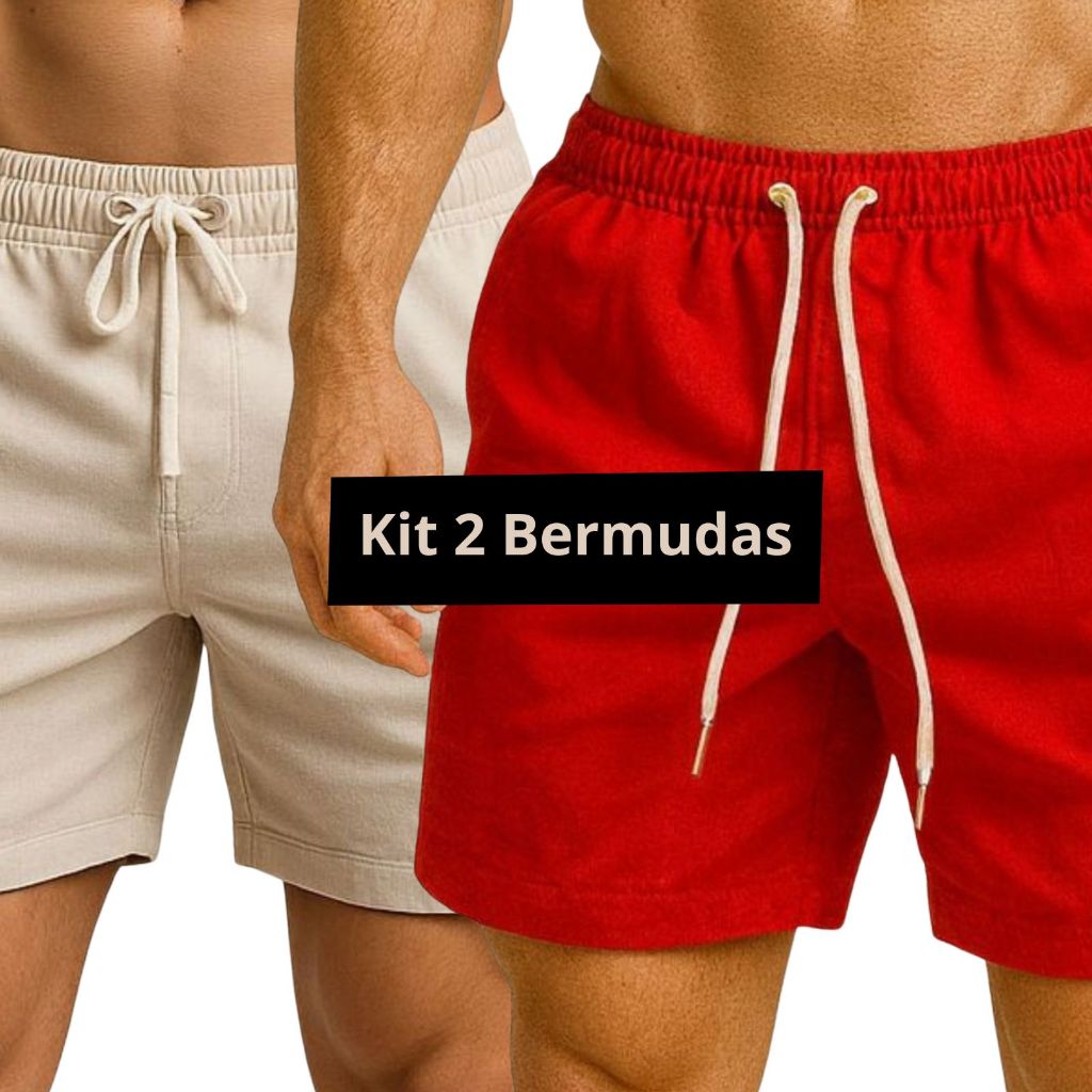 Kit 2 Bermuda Masculina Linho Alta Qualidade Sarja}Mauricinho Estilo Praia Verão Casual Short Calção
