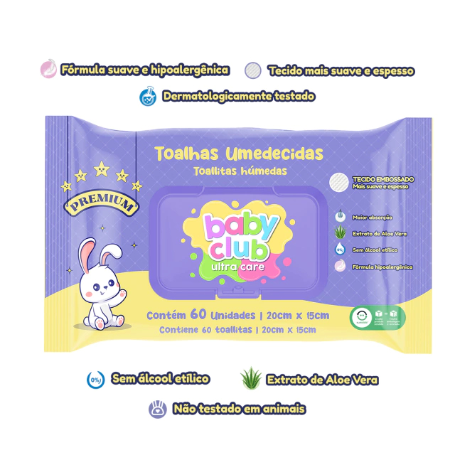 Kit Lenços Umedecidos Baby Club Premium | 120 Toalhas – Hipoalérgico e Suave