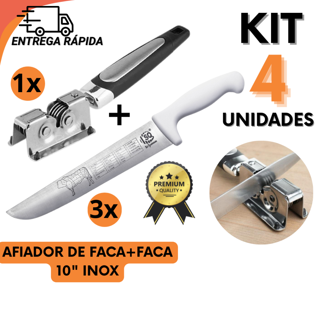 Faca Inox Profissional 10” + Afiador Manual Inox Para Casa Enxovais Açougues Churrascos
