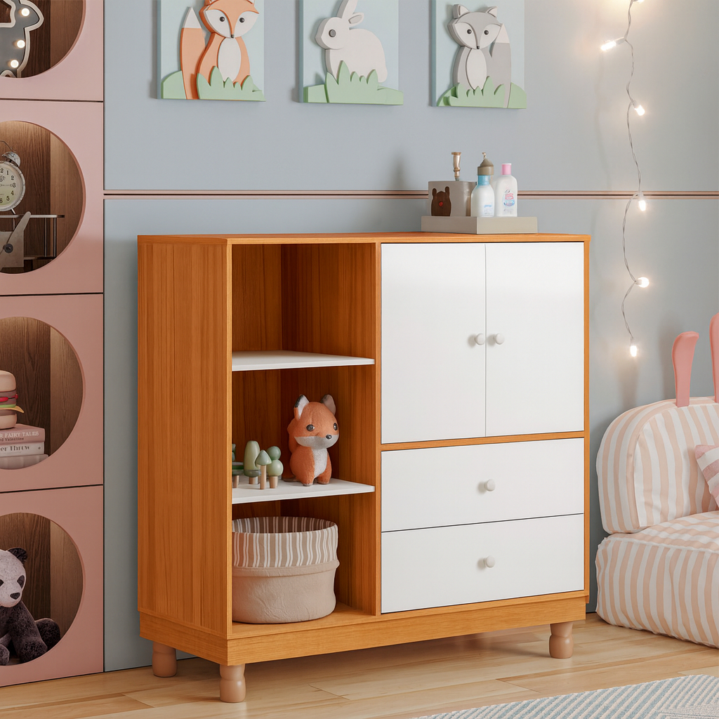 Cômoda Trocador Infantil Vitória 2 Gavetas + Porta com Cabideiro e Nichos  MDF pés com regulagem
