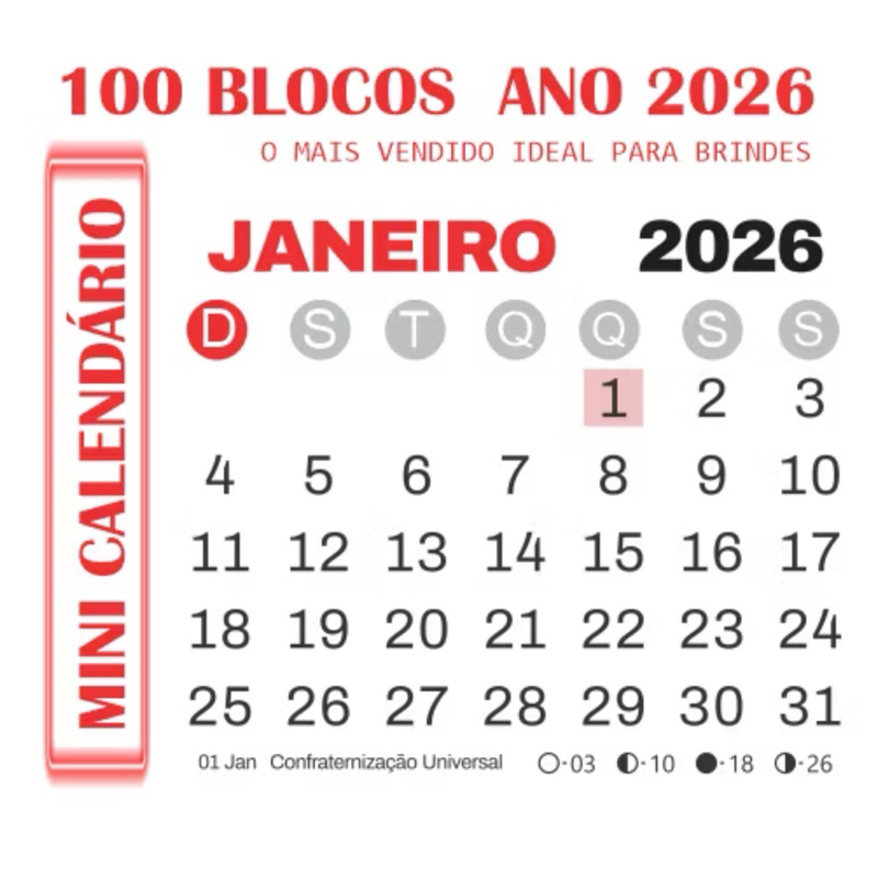 Mini Calendário 2026 - Jogos Soltos - 1000 unidades - Atacado Brindes Presentes