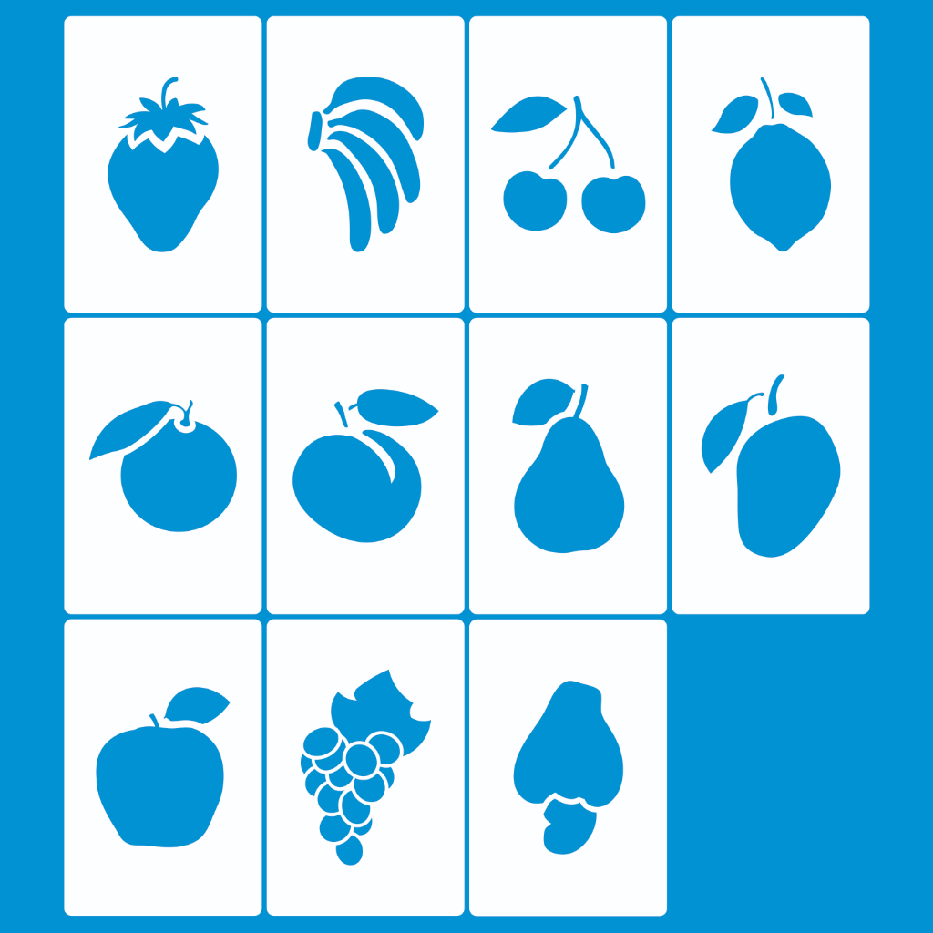 Stencil 8 x 12 FRUTINHAS Molde Vazado Pintura Tecido Mdf Madeira Parede Camiseta Pano Prato