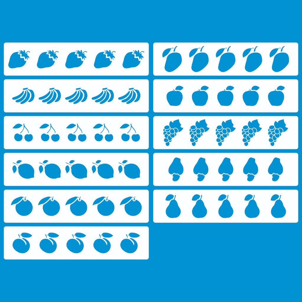 Stencil 5 x 20 MINI FRUTINHAS Molde Vazado Pintura Tecido Mdf Madeira Parede Camiseta Pano Prato