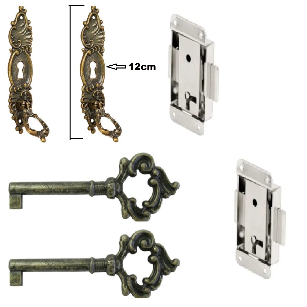 Kit Com 2 fechadura + Chave Antiga + Puxador 12 Cm  Embutir Armário Guarda Roupa