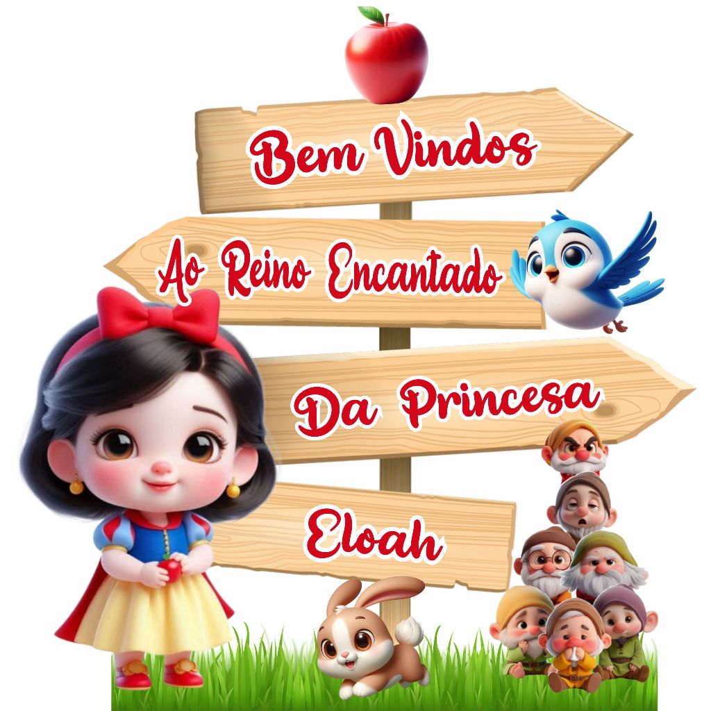 TOTEM DISPLAY MDF DE CHÃO PLACA SETA INDICADORA PERSONALIZADA BRANCA DE NEVE CUTE BABY SETE ANÕES