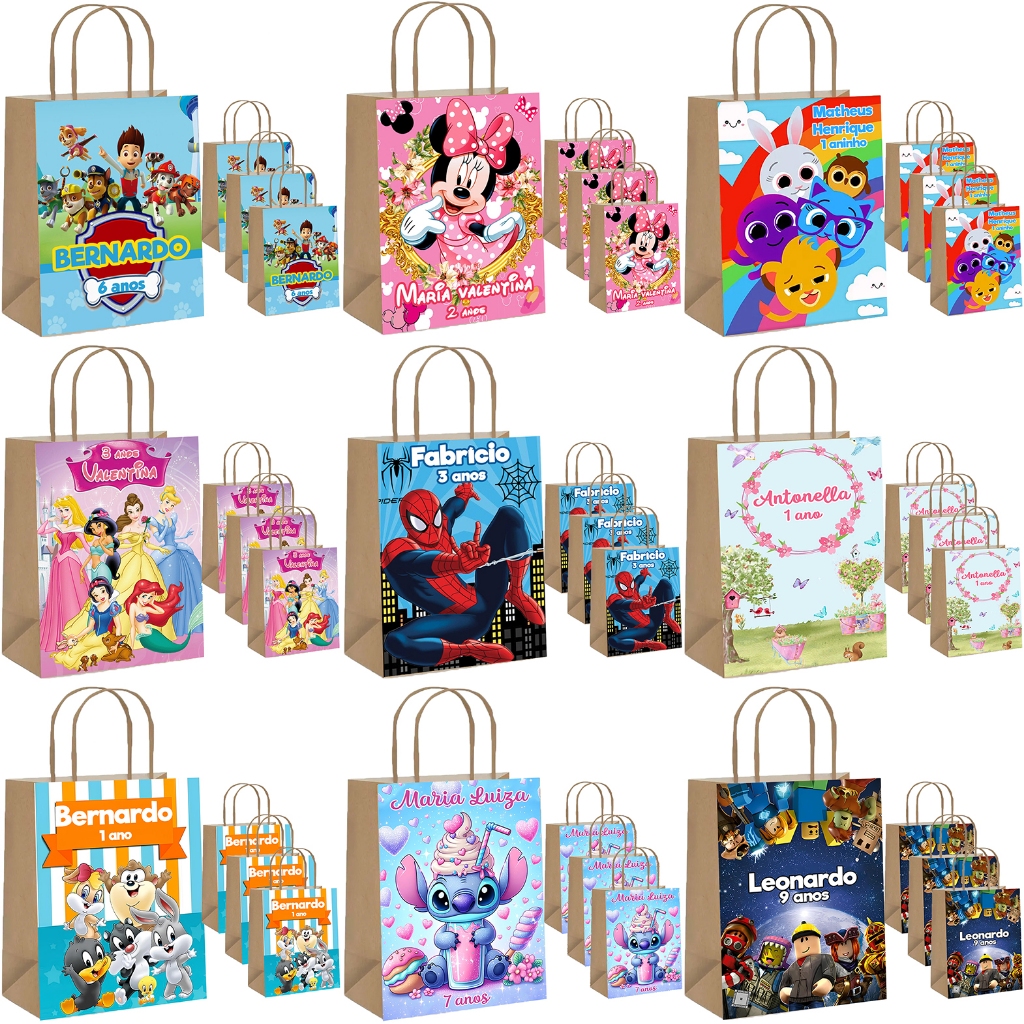 Kit Pack Sacola Kraft P Personalizada Lembrancinha Surpresa Todos Temas Festa Eventos e Aniversário