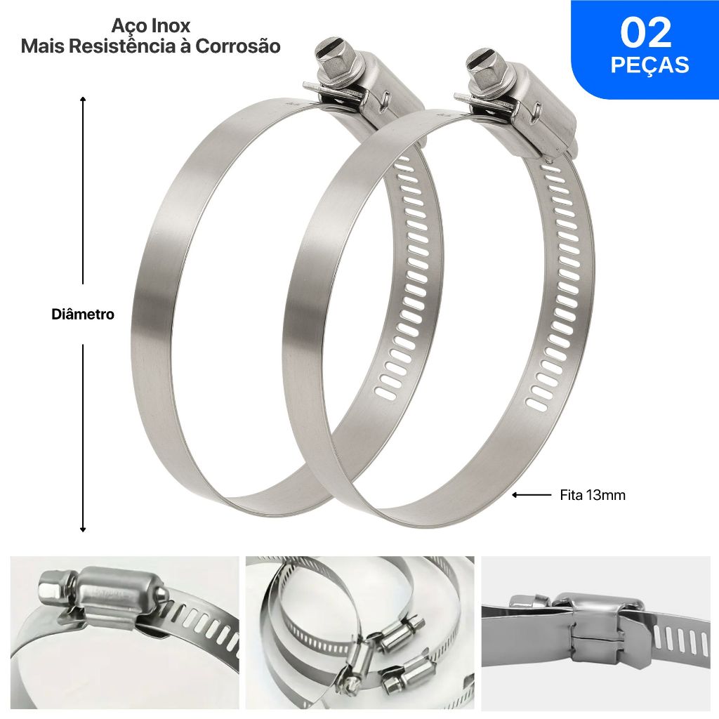 02 Abraçadeiras Rosca Sem Fim 100mm 4 Polegadas Inox Metal Parafuso Mangueiras Tubos Exaustor Coifa