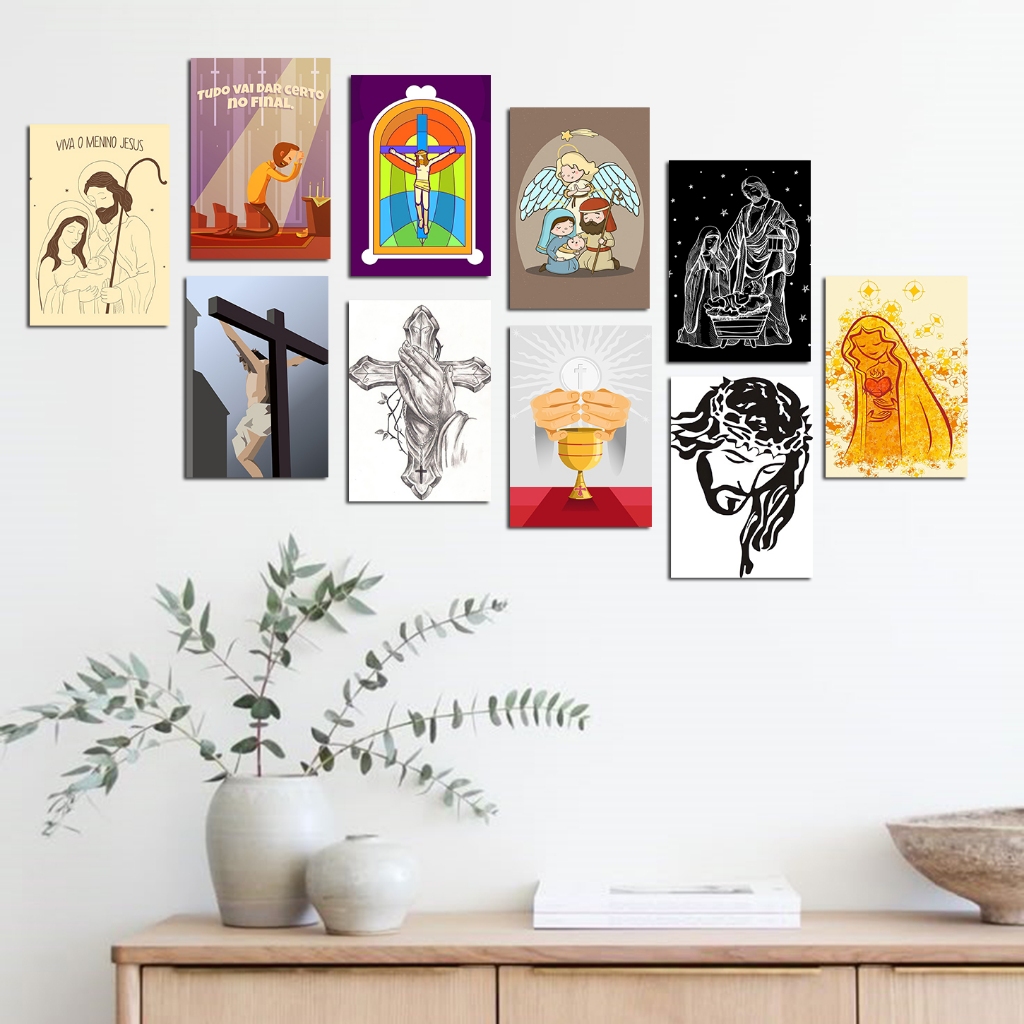 Quadros Decorativos Religioso Nossa Senhora Espirito Santo Jesus kit com 10 quadro Placas de Parede 13x20cm