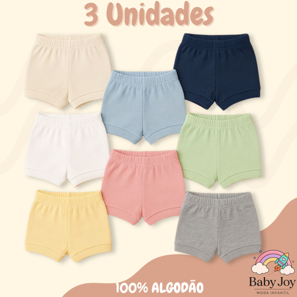Kit 3 Shorts Tapa Fraldas Ribana Bebê Menino Menina Infantil Algodão Coloridos