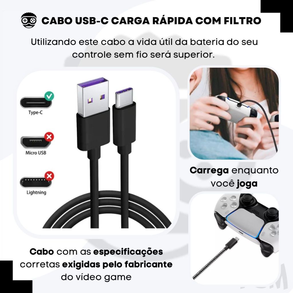 Cabo Controle Ps5 USB Tipo C Usb-c 1,80 Metros Play 5 Grande Turbo Reforçado Sincroniza Carrega e Joga  Com Filtro