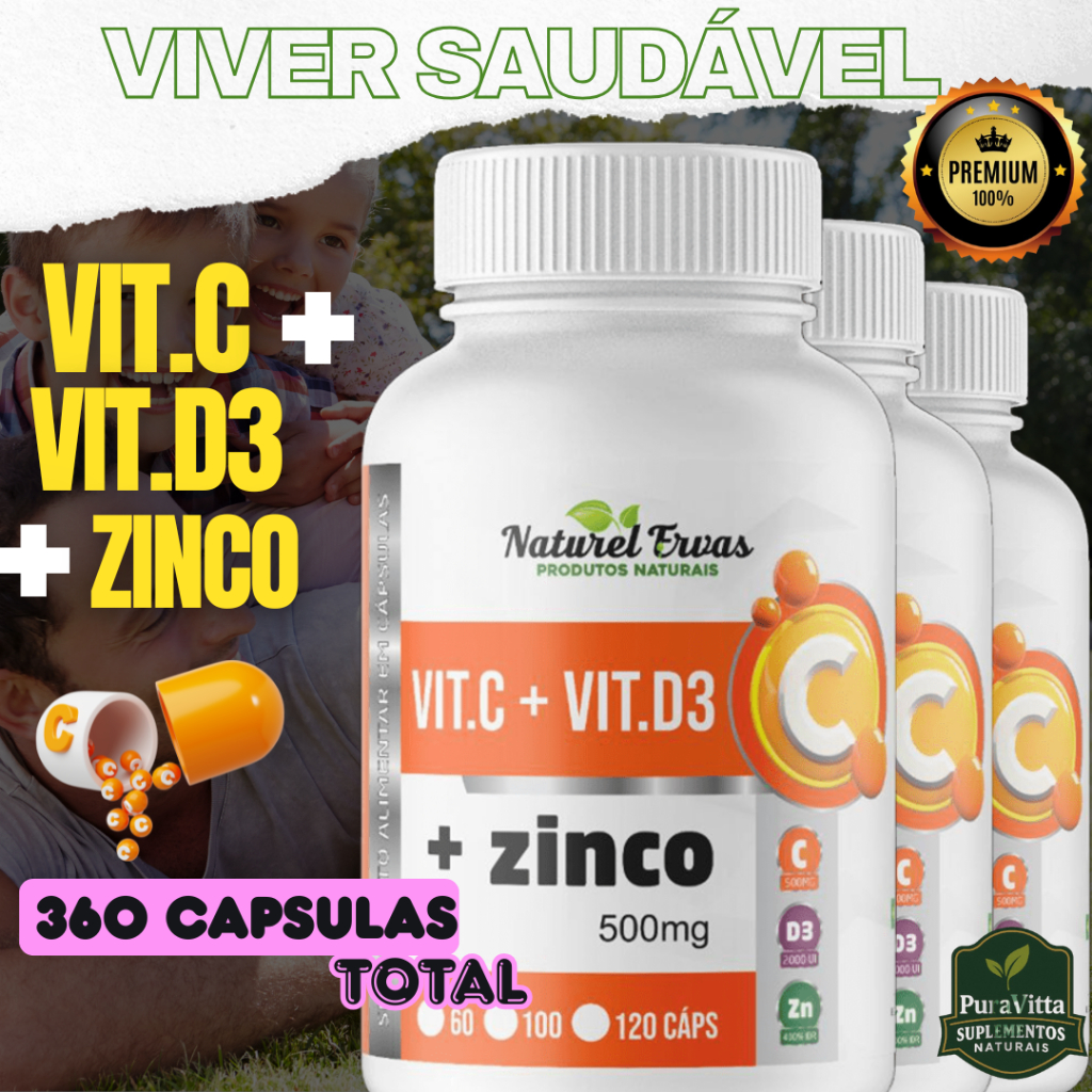 VITAMINA C + VITAMINA D3 + ZINCO - SUPLEMENTO 100% NATURAL = 120 CÁPSULAS 500Mg