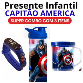Kit Infantil Capitão América Garrafa, Copo e Relógio Digital Presente Menino, Aniversário, Dia das Crianças, Natal em Oferta na Shopee