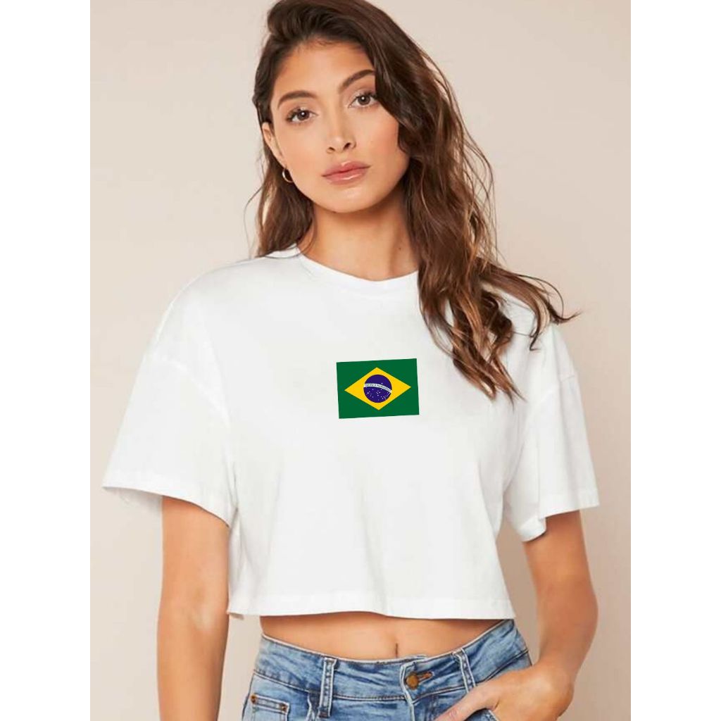 Cropped do Brasil Copa do Mundo Blusa de Algodão Camisa de Futebol Feminina Seleção