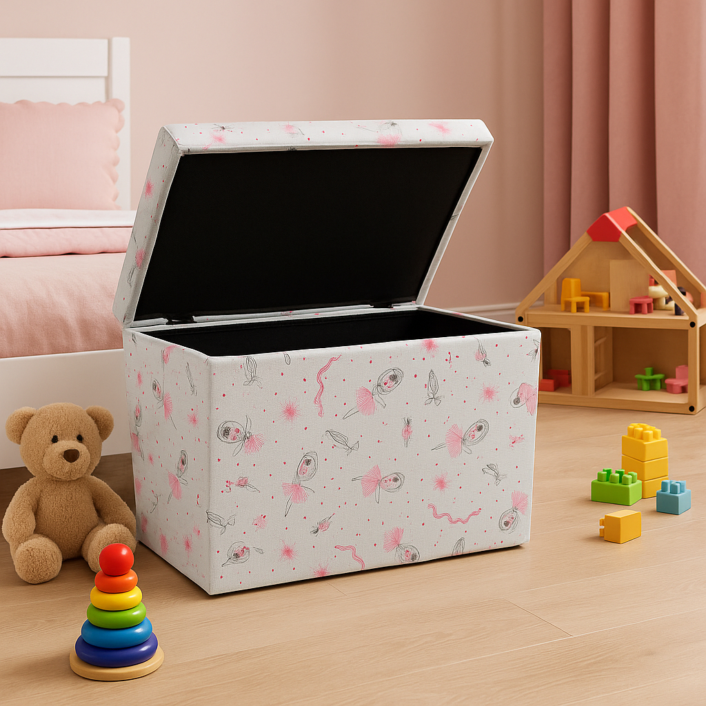 Puff Baú Organizador abre e fecha 58x36cm Multiuso Estofado Decorativo Sala Quarto