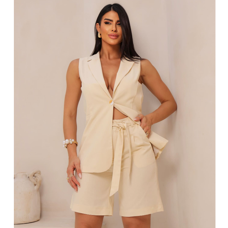 Conjunto Feminino ColeteTerninho Short Confortável Social Alfaiataria Casual Elegante Versátil Moda