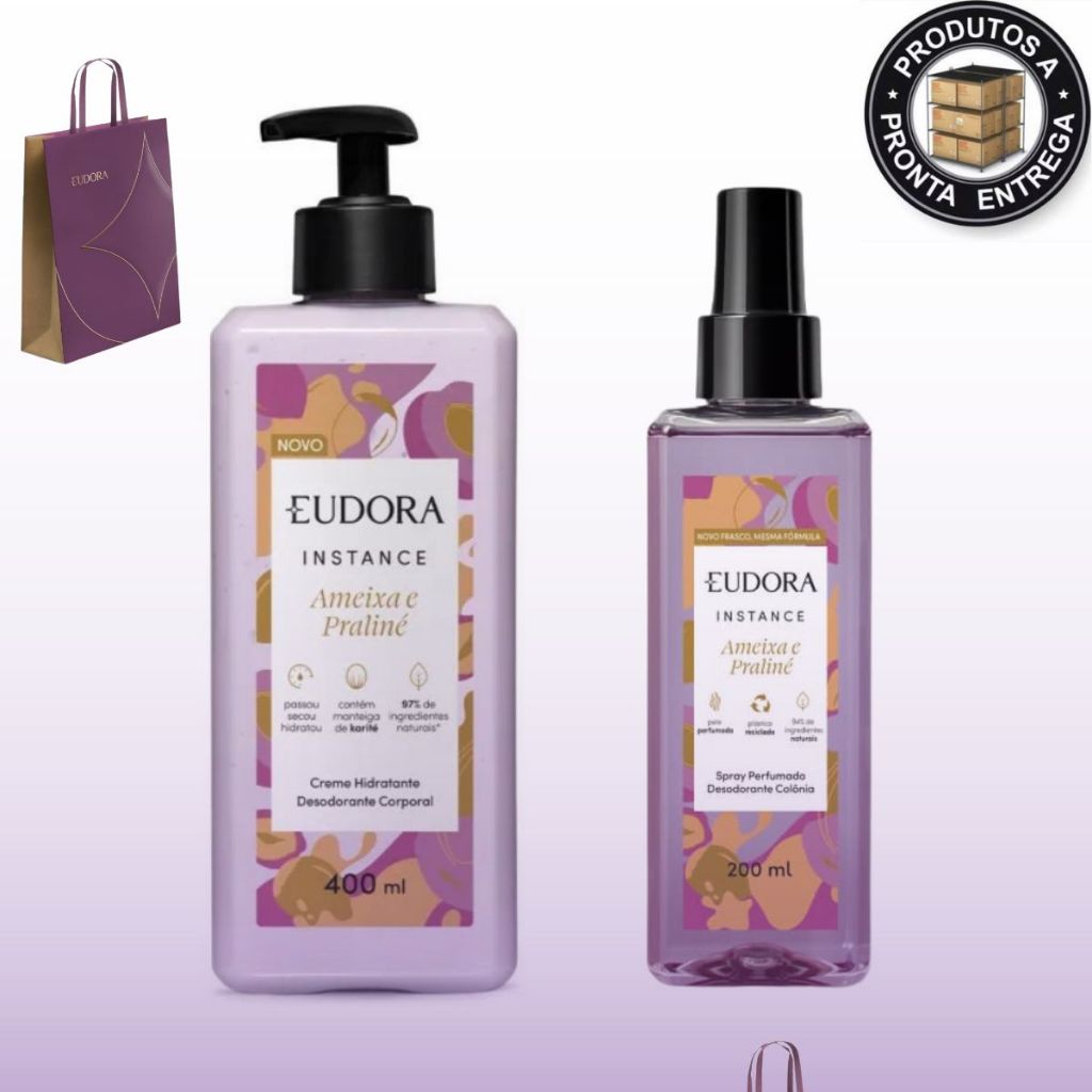 Spray Perfumado Colônia Instance Eudora 200ml Ameixa & Praliné +Creme Hidratante Desodorante Corporal Instance Ameixa